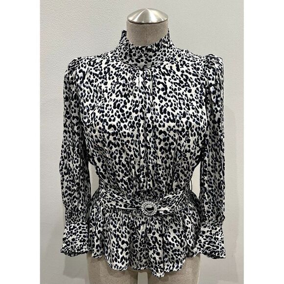 Zara Leopard Peplum Belted Blouse in Black/Blue Size XS - Picture 1 of 4